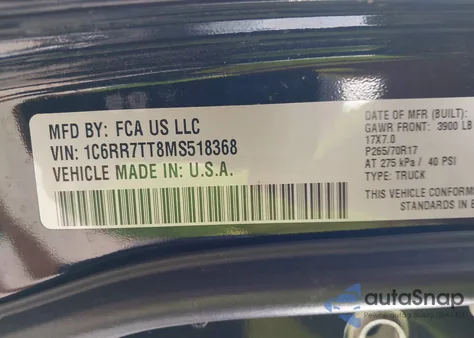 2021 Ram 1500 Classic Slt 4X4 6'4 Box z USA, uszkodzony, nr VIN 1C6RR7TT8MS518368